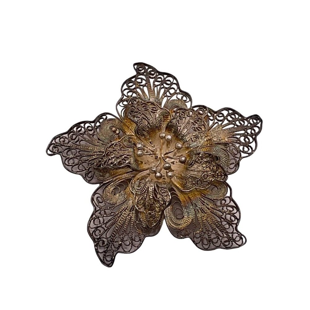 Vintage‎ Filigree 800 Silver Flower Star Brooch Pin Swirl Layered Open Work